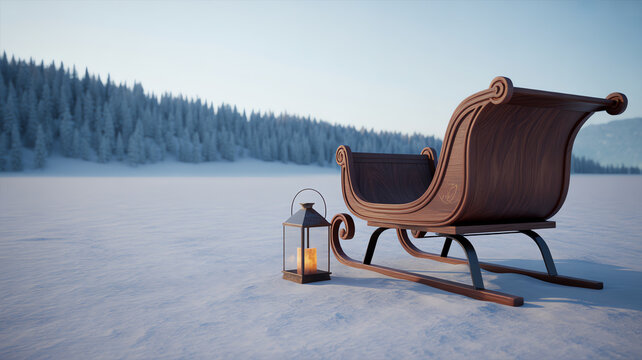 A rustic wooden sleigh sitting on a snowy landscape with a glowing lantern beside it