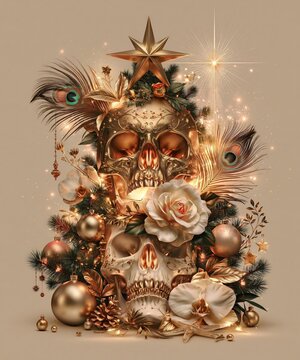 Skull Christmas Tree Luxury Floral Gold Gothic Holiday Decor Xmas, Ornate skull Christmas tree with flowers and gold ornaments stands on a warm background as gothic holiday art