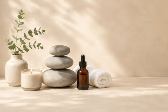 Spa Still Life Stones Eucalyptus Skincare Wellness Relaxation Minimal Massage, Minimal spa still life with stacked stones, eucalyptus, towel, and bottle sits in soft natural light