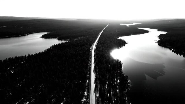 Aerial view of a long road through a forest separating two large bodies of water with sunlight shining in black and white