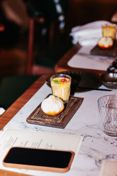 Bao bun and dessert serving setup
