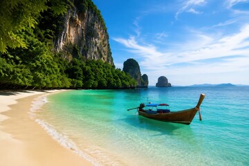 Obraz premium Turquoise Cove Long Tail Boat Tropical Beach Travel Paradise Thailand, Traditional long tail boat floats in a turquoise cove beside limestone cliffs during a sunny tropical vacation