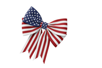 Obraz premium Decorative fabric bow featuring the red, white, and blue american flag pattern with stars and stripes isolated on a transparent background