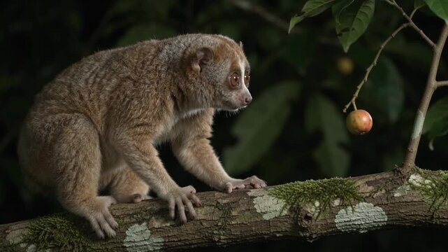 Slow Loris Reaching Out To Grab Small Fruit On Tree Branch