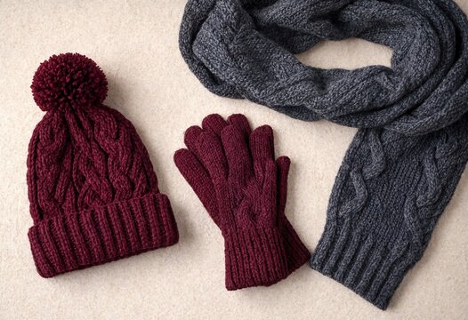 Cozy knitted winter hat gloves and scarf set in warm tones against a soft neutral background for cold weather comfort