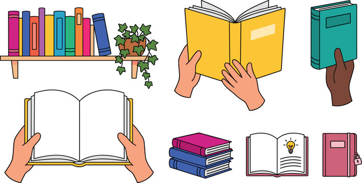 Hands Holding Books and Bookshelf Vector Illustration Set with Open Textbooks and Notebook Elements for Literary, School Education, and Bookstore Promotional Designs