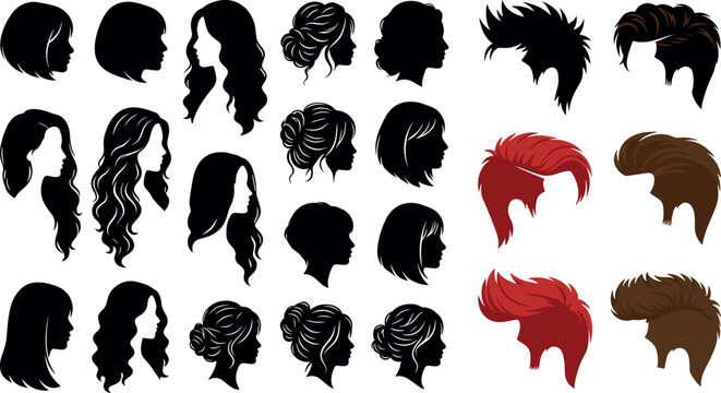 Men and women hairstyle vector icon set with curly straight short long haircut bob bun and quiff silhouettes