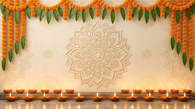 Traditional diwali wall background with floral marigold garlands and row of lit diyas.