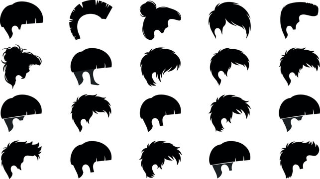 Men and women modern hairstyle silhouette vector icon set with mohawk spiky shag pixie and mullet haircuts