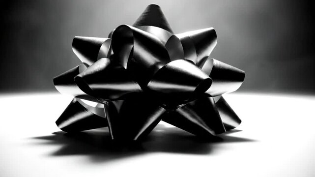 Black and white close up of a shiny, metallic bow sitting on a reflective surface, illuminated by a spotlight