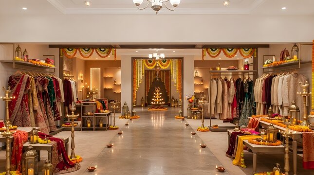 Interior view of a luxury clothing boutique featuring traditional indian ethnic wear and elegant retail store decor