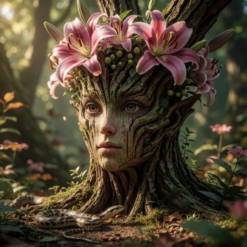 Artistic illustration of mystical tree spirit with female face, pink lilies. Wooden dryad goddess grows in enchanted forest. Small snake crawls near roots on mossy ground. Fantasy nature concept with