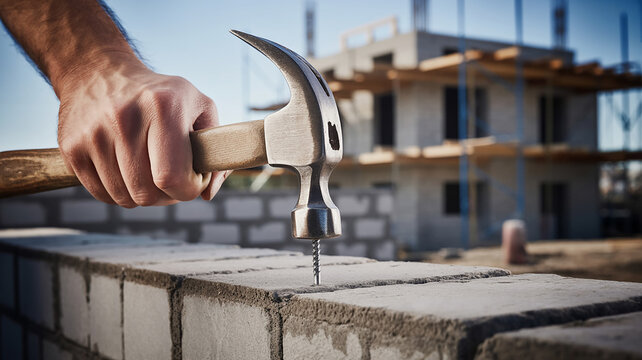 Construction Worker Hand Using Hammer to Drive Screw into Brick Wall close site
