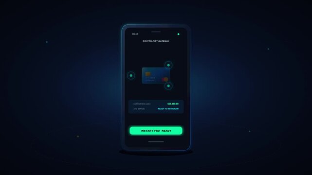 Smartphone screen showing cryptocurrency exchange interface for swapping digital assets to fiat currency, featuring futuristic neon UI elements on a dark blue background.