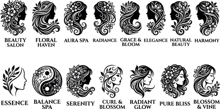 Men and women modern hairstyle silhouette vector icon set with mohawk spiky shag pixie and mullet haircuts