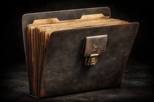 Vintage leather document folder with aged paper pages