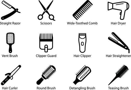 Hair salon and barber tools vector icon set with scissors razor comb dryer brush clipper and styling equipment