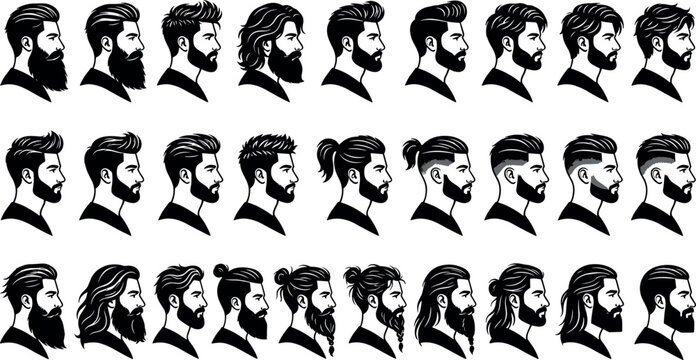 Men hairstyle and beard vector icon set with fade haircut pompadour bun long hair and mustache side profile silhouettes