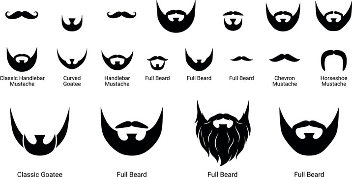 Men beard and mustache styles vector icon set with full beard handlebar goatee and chevron facial hair chart