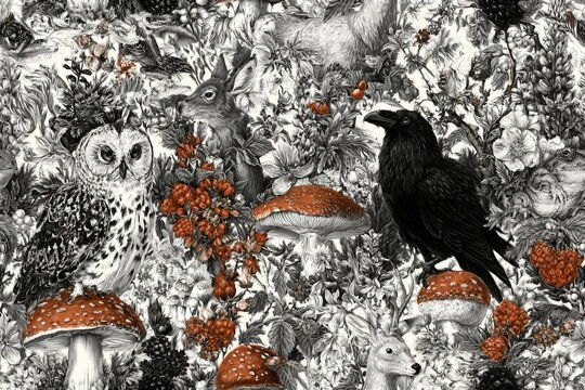 Seamless vector pattern forest flora and fauna. Birds, animals, berries, mushrooms, flowers, plants. Frog, owl, raven, snail, raspberry, blackberry, fly agaric, porcini mushroom, mouse, deer, lupine