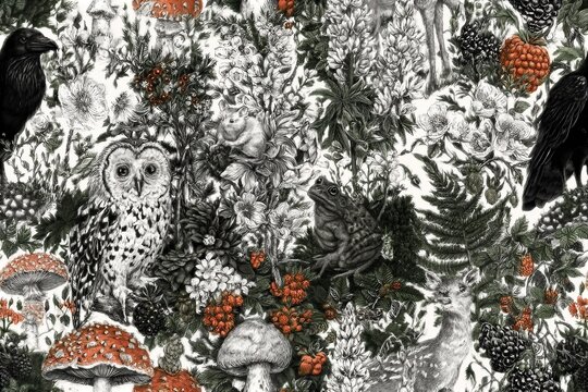 Seamless vector pattern forest flora and fauna. Birds, animals, berries, mushrooms, flowers, plants. Frog, owl, raven, snail, raspberry, blackberry, fly agaric, porcini mushroom, mouse, deer, lupine