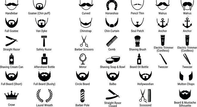 Barber shop vector icon set with facial hair beard and mustache styles shaving tools haircut equipment and grooming symbols