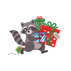 Naklejka premium Cute Cartoon Raccoon Character Carrying Many Gift Boxes and Presents