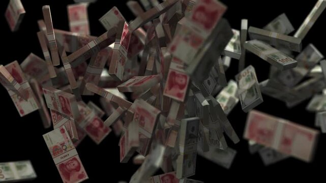 Bundles of us dollar bills and chinese yuan banknotes colliding in mid air