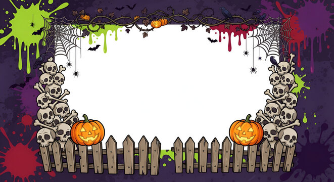 Cartoon Halloween Frame Background with Skull Piles Wooden Fence Glowing Pumpkins Spider Webs and Green Slime Splatters