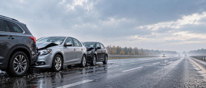 Car crash on wet highway with three damaged vehicles after collision. Traffic accident on rainy road with broken cars. Insurance claim and road safety concept for transportation industry