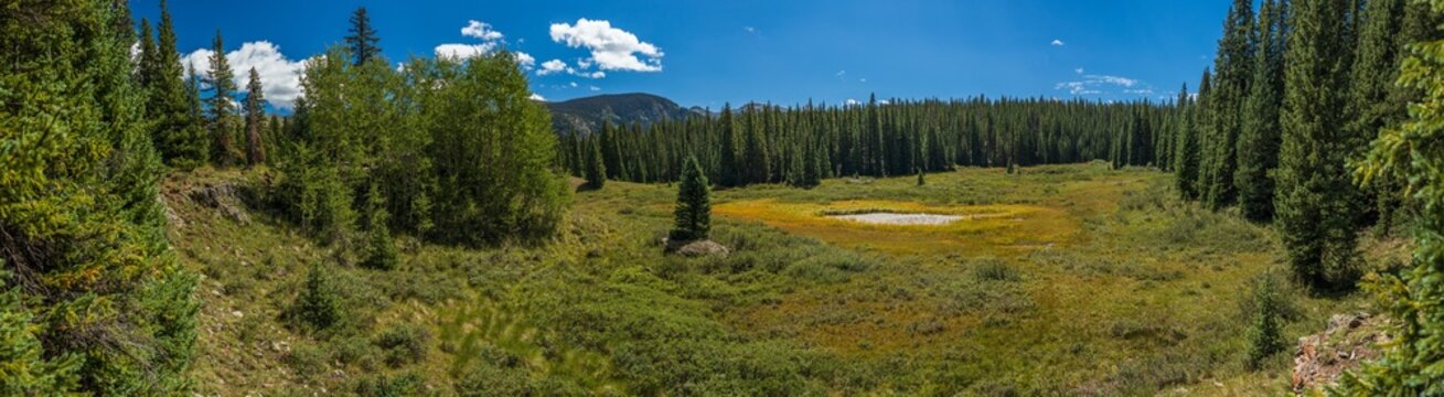 Mountain valley panorama with small pond