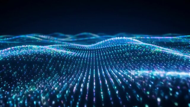Glowing blue digital wave particles moving in rhythmic motion across dark abstract cyber space video background