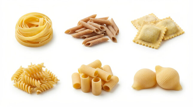 Golden pasta strands piled high on a white surface for