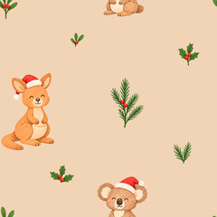 Naklejka premium Christmas themed australian animals seamless pattern design. Repeat pattern 