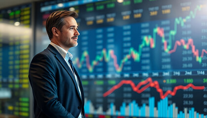 Fototapeta premium Professional stock trader looking at digital financial market data charts on a large screen.