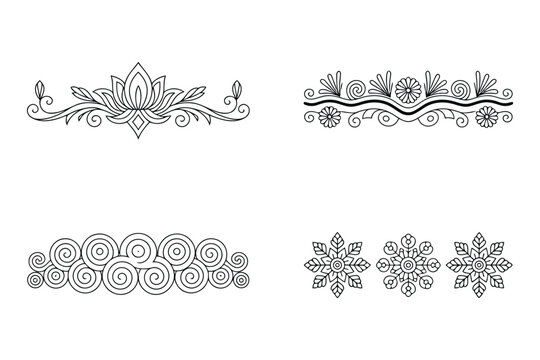 Set of four black and white line decorative borders and floral ornaments isolated on a clean white background