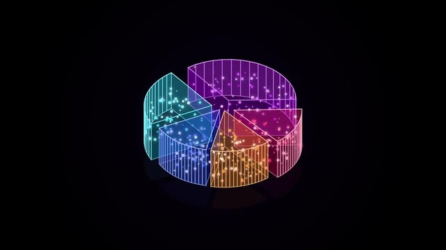 3 d neon pie chart infographic with floating data particles for business analytics and financial growth presentations