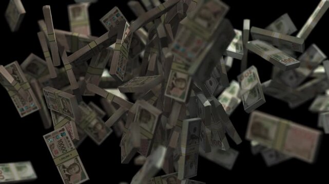 Bundles of us dollar bills and japanese yen banknotes colliding in mid air
