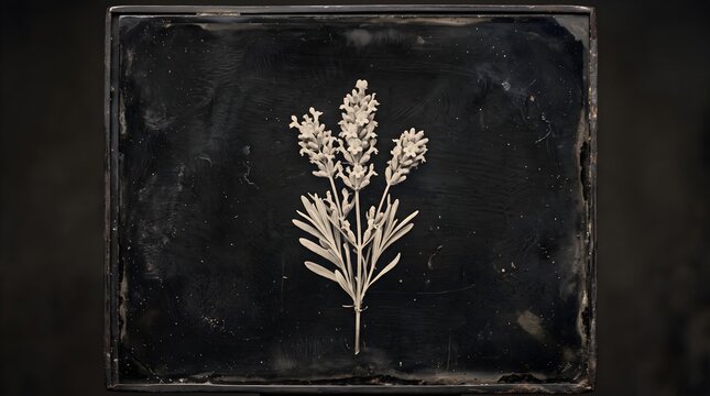 Lavender sprig rendered in antique tintype ambrotype photographic style on dark plate