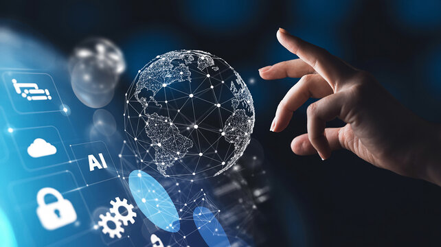 Futuristic Digital Network with Hand Interacting with Global Data Connections technology