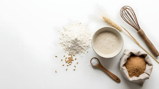 Sourdough bread baking ingredients on white surface.