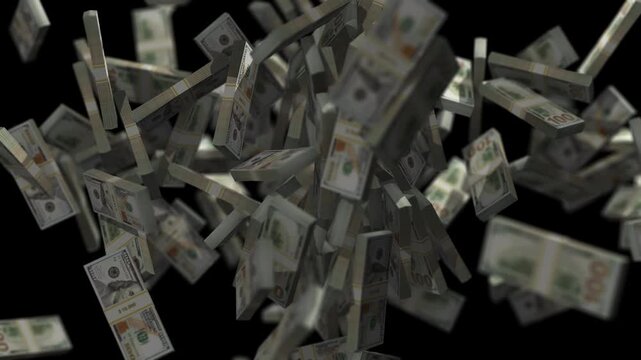 Bundles of one hundred us dollar bills colliding and scattering in mid air