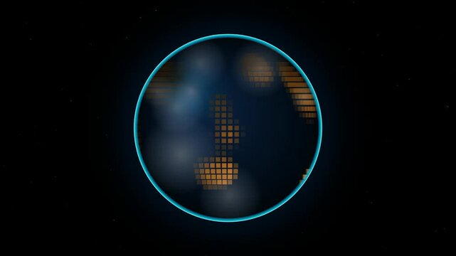 Abstract digital circle with glowing orange pixel grid on dark background