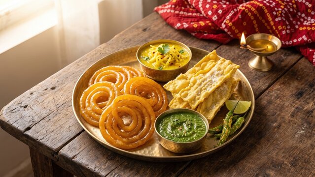Jalebi Fafda Chutney Dussehra Breakfast Thali - Gujarati Festival Food.