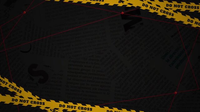 Crime Scene Investigation Background with Do Not Cross Tape, Red String and Newspaper Clippings