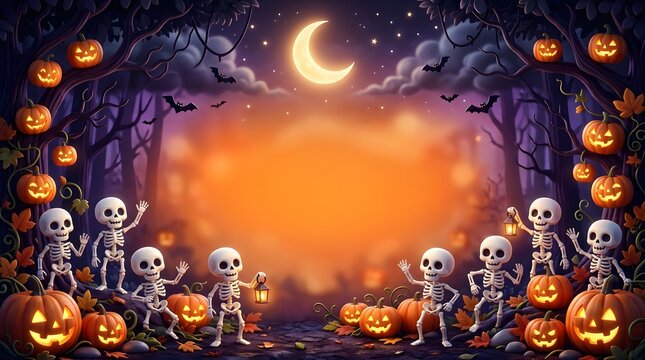 Group of cute skeletons celebrating halloween with glowing jack o lanterns under a crescent moon night sky