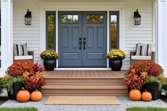 Home front porch decorated for autumn fall season