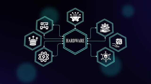 Hardware Technology Concept with Glowing Neon Hexagon Icons for Computer Systems, Digital Innovation, Automation, Software, Networking and Smart Devices.