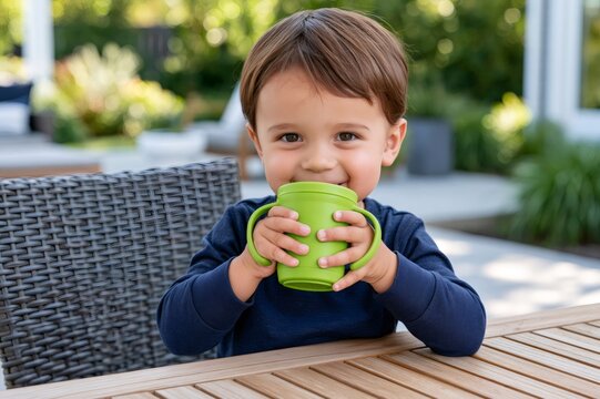 Toddler boy drinking from green sippy cup outdoors