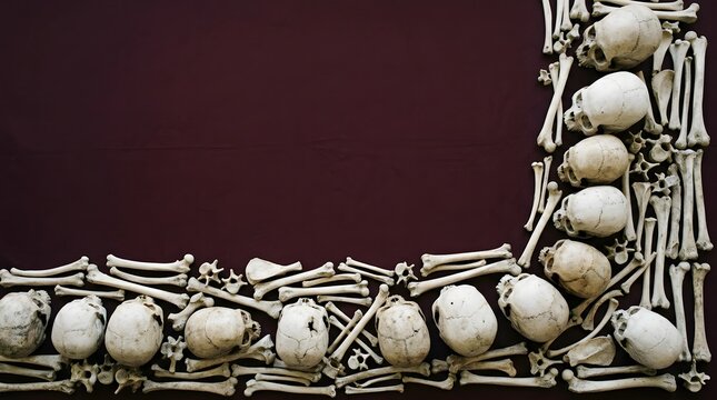 Frame made of human skulls and bones arranged on a dark background for halloween or horror themes